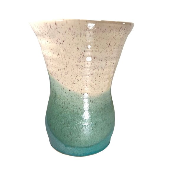 Art Pottery Vase Handmade Ceramic Speckled Tan Teal Green Gradient Glaze Signed - Picture 2 of 8